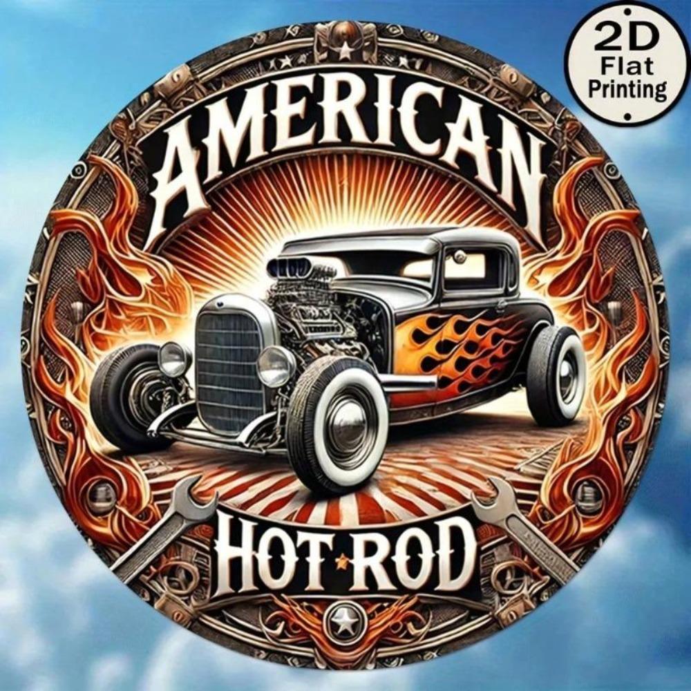 Classic Car Metal Tin Sign American Hot Rod Vintage Wall Art 8 Inch Round Home Decor