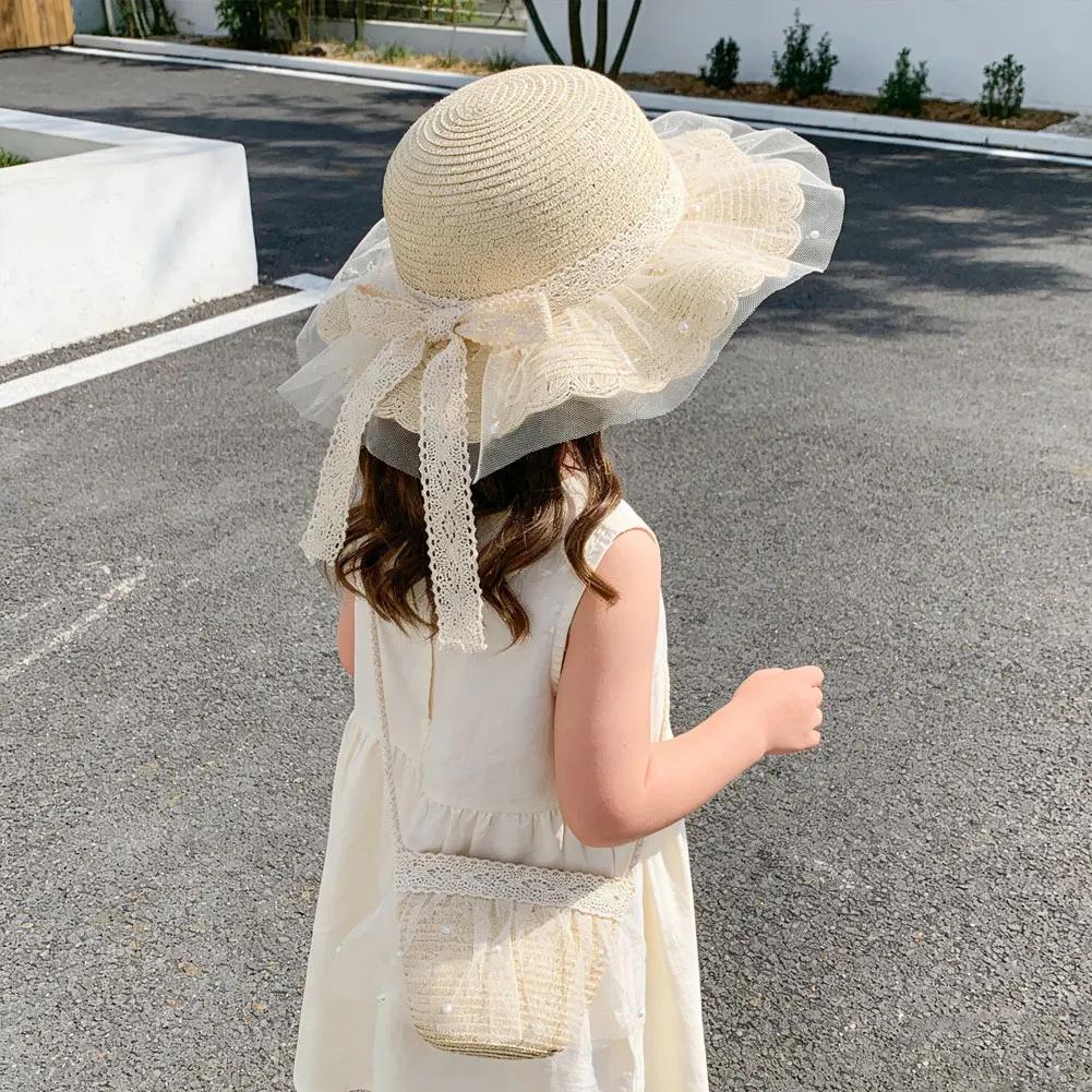 Elegant Summer Kids Straw Hat with Lace Wide Brim Cute Breathable Sun Hat Shoulder Bag for Girls Beach Outdoor Sunscreen