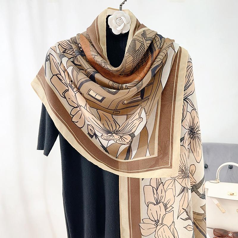 Autumn and Winter Fashion Cotton and Linen Long Flower Printed Scarf Women's High-end Elegant Warm Shawl Neck Scarf