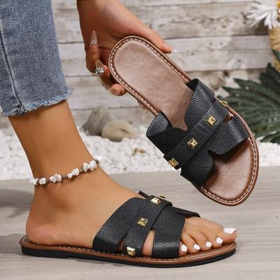 Zapatillas Planas Únicas para Mujer - Casual Punta Abierta, Cubierta Artificial, Tira con Hebilla Dorada, Suela de Goma Cómoda - Zapatos Multifuncionales para Todas las Estaciones
