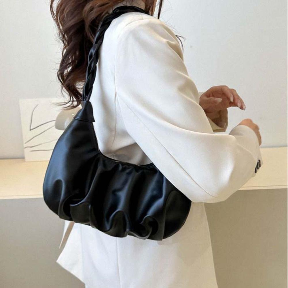 Solid Color Dumplings Shoulder Bag Square Fashion Handbag PU Pleated Shoulder Bag  Decoration