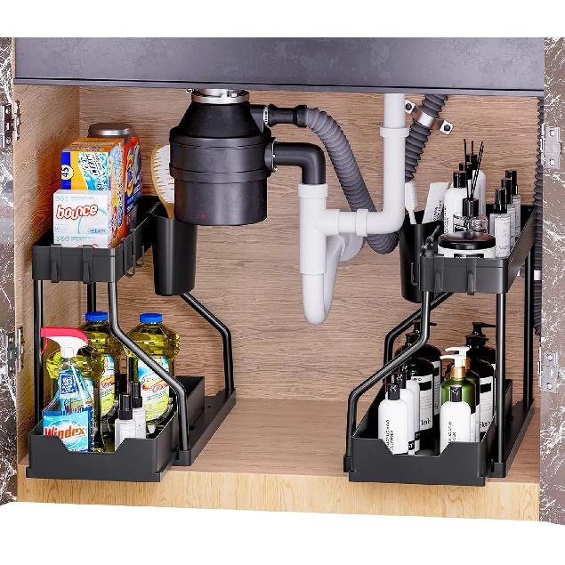 Étagère de rangement sous évier, rangement d'armoire de cuisine, tiroir de rangement à double glissière, panier de rangement polyvalent pour salle de bain