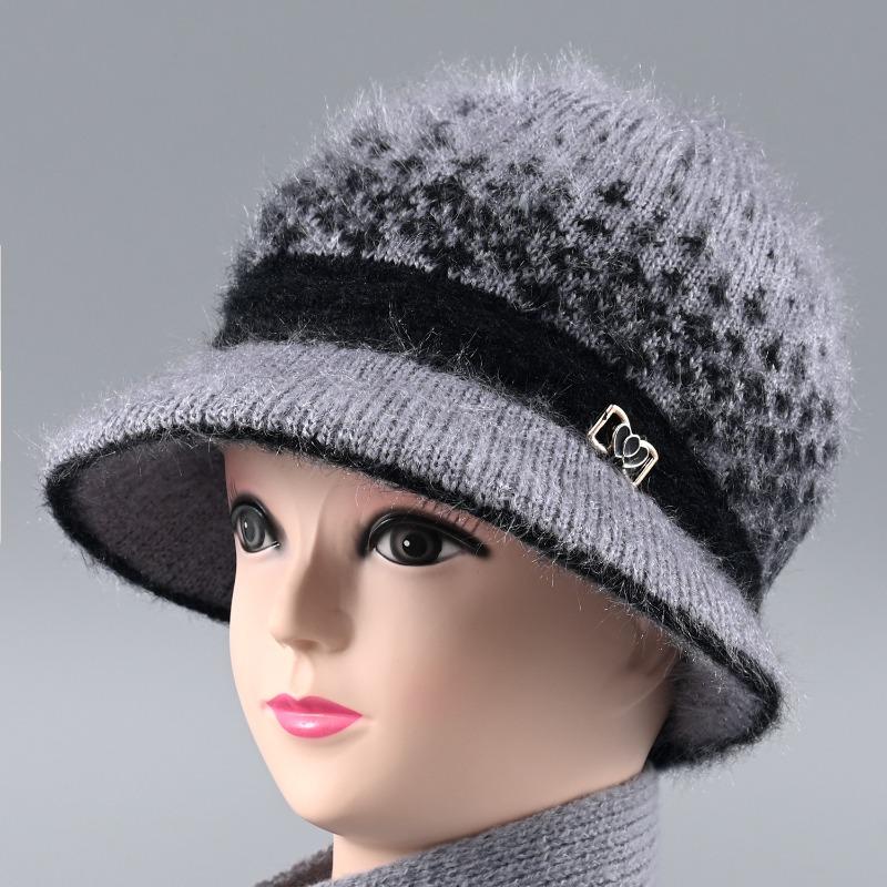 Hat Female Autumn and Winter Rabbit Hair Big Eaves Knitted Hat Old Hat Old Lady Fleece Warm Wool Hat