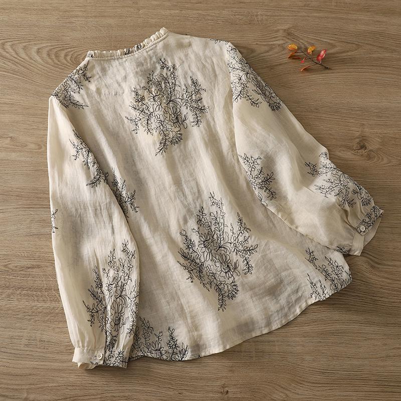 DIMANAF 2026 Women Plus Size New Summer Blouse Shirt Long Sleeve Casual Loose Lady Tops Shirts Linen Embroidery
