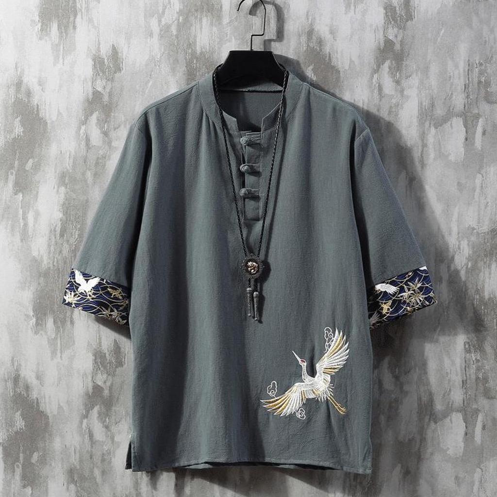 Tumao Summer Short Japanese Plus Sizes Loose Solid Casual Top Men's T-Shirt, Linen, Sleeve, Cotton-Linen, Style, Embroidered, Blend, 5/8 Sleeves,