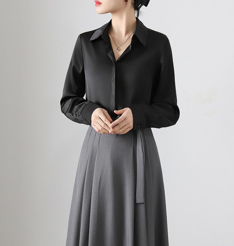 Women's Retro Satin Loose-Fit Long Sleeve Shirt - Hidden Placket, Hong Kong Style, Light Luxury for Spring & Autumn