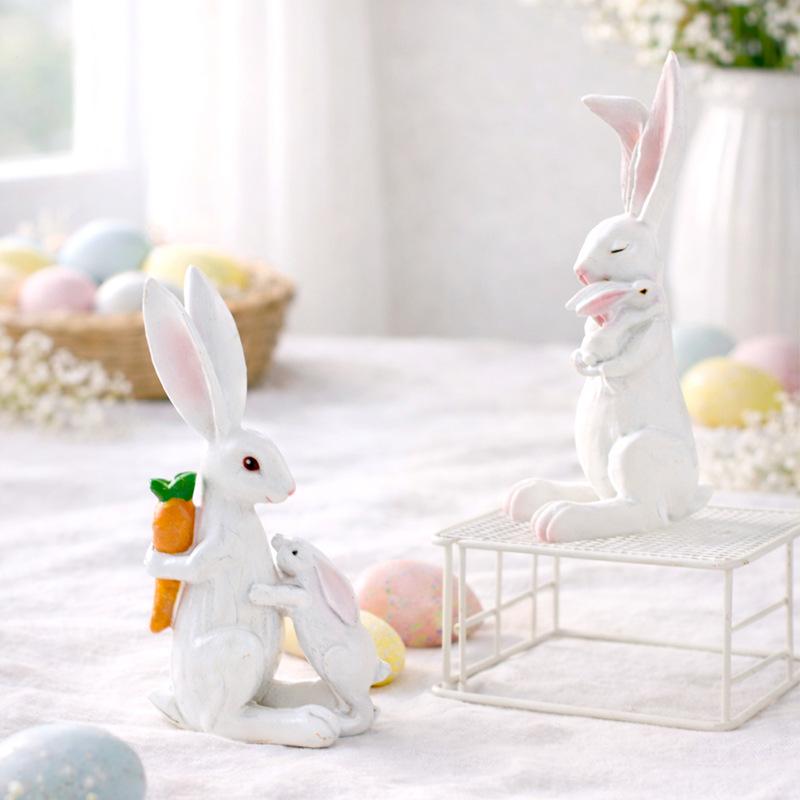 Easter Decorations - Cute Mother and Baby Rabbit Resin Figurine - Home Desk Decoration