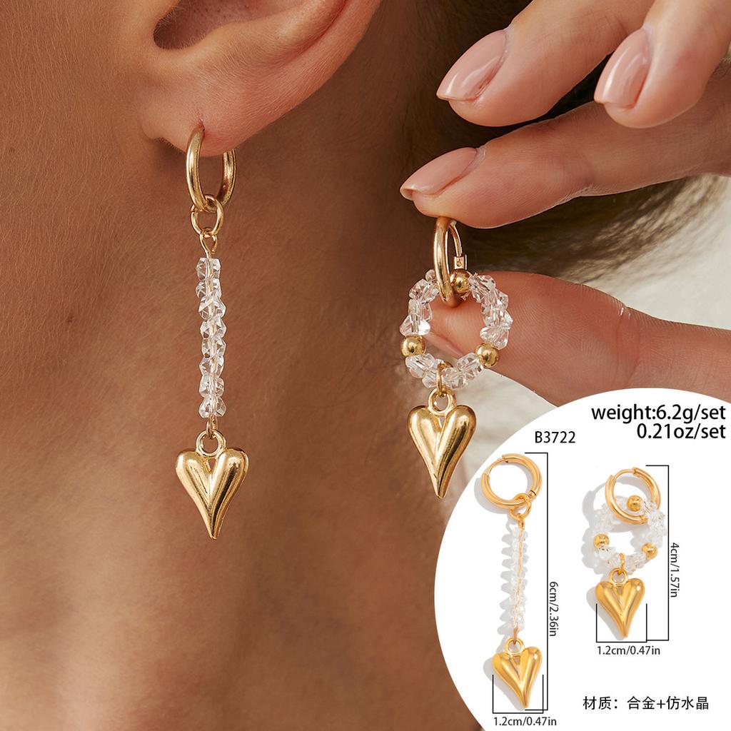 Sweet And Cool Ccb Beaded Love Pendant, Ear Buckle Earrings, Simple Metal Chain Fringed Earrings.