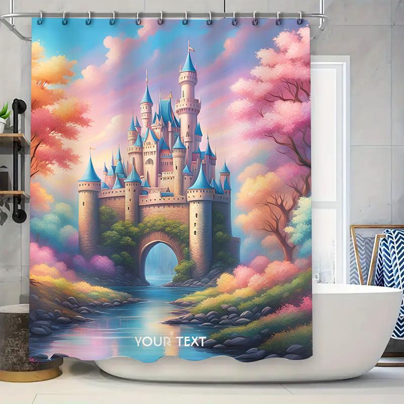 

Castle Fairy Tale Shower Curtain Colorful Princess Castle Bath Decor Customizable Text Artistic Bathroom Accessorie W60H190(CM)-1 Pcs