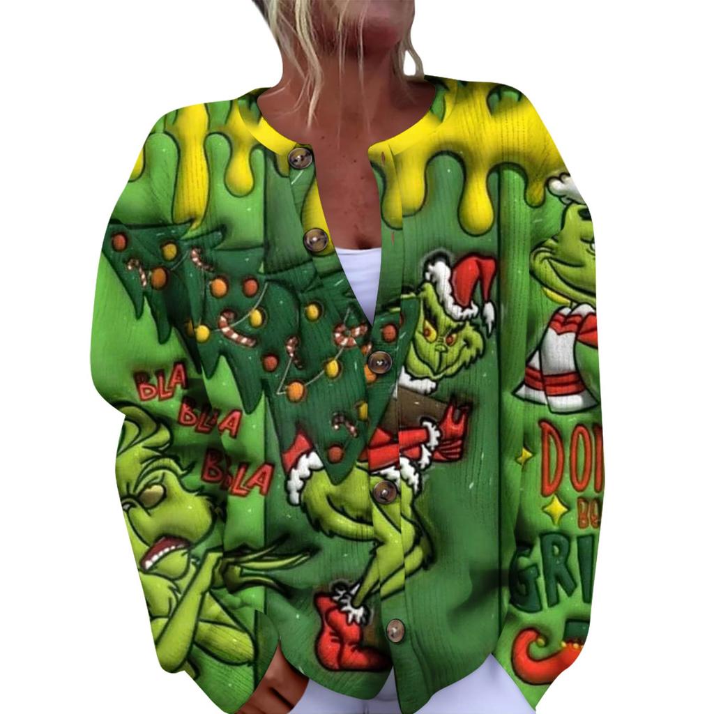 Women's Fashion Christmas Printed Long Sleeve Knitted Cardigan Button Down Jacket