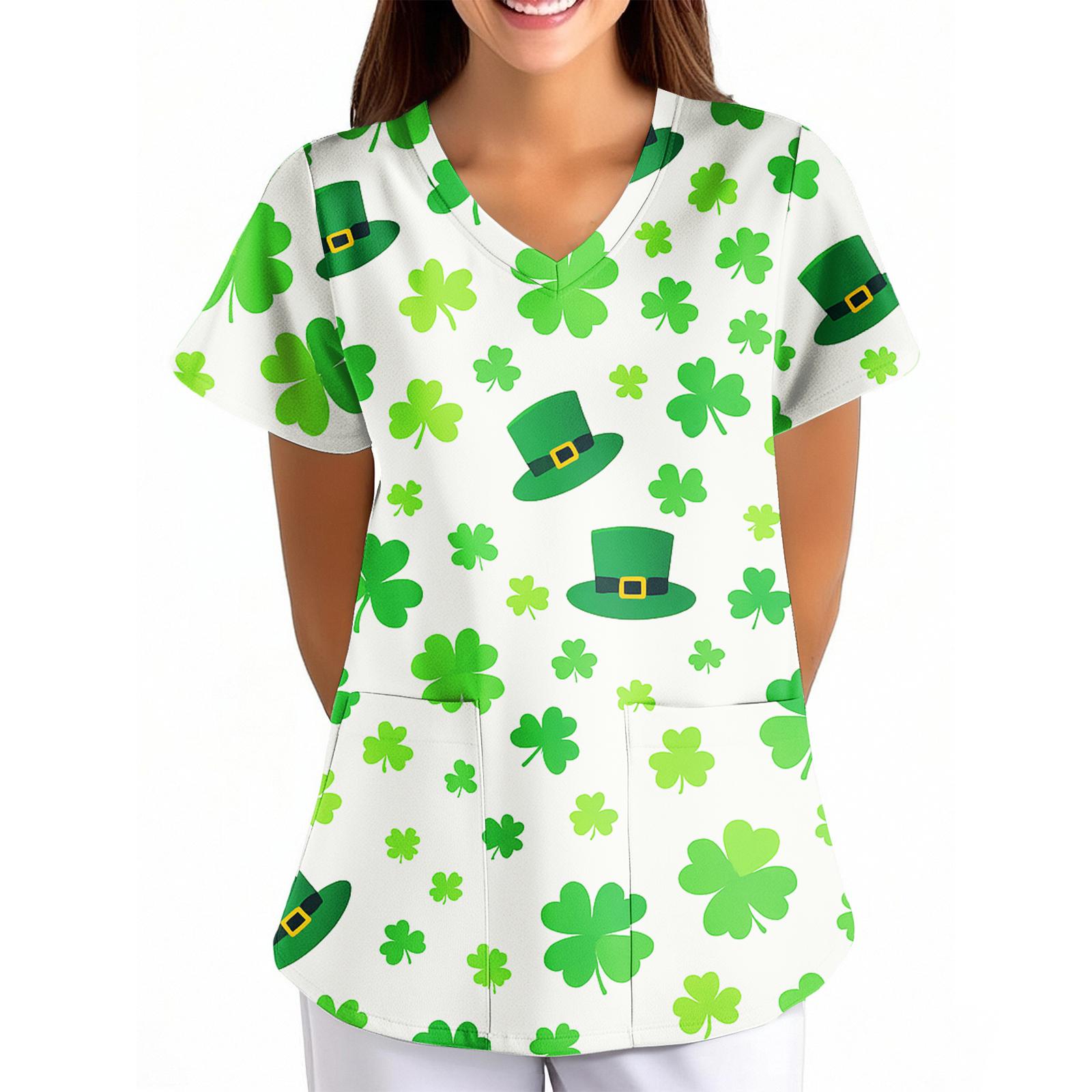 

Women s Printed Loose V-Neck Pocket Short-Sleeve Uniform L