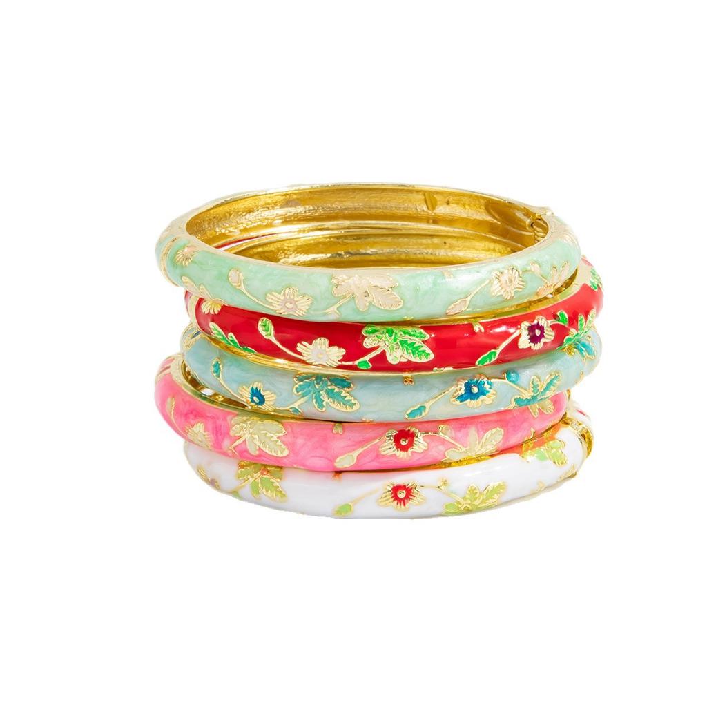 Vintage Bunter Tropföl Blume Feder Offenes Armband Ins Metall Meeressternenhimmel Zifferblatt Mehrschichtiges Armband