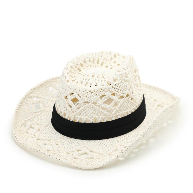 New hat hand-woven natural grass denim hat hollow strap top hat