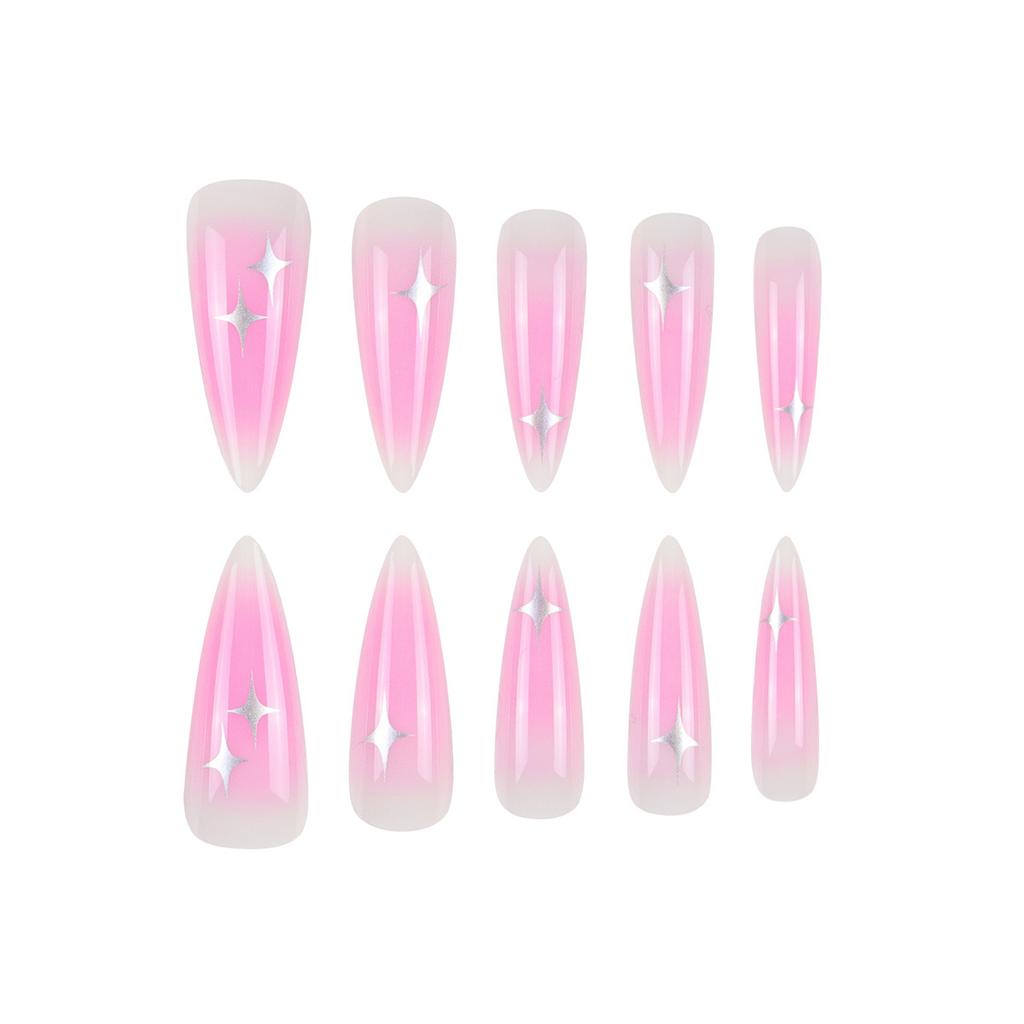 24PCS Ins Style Long Stiletto Wearable Press On Nails Sweet Pink Blush Gradient with Star Patterns Fake Nails Simple Design Nail