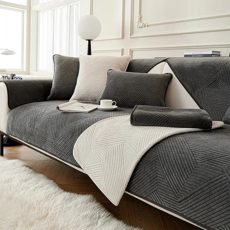 Modern Sofa Cover Non-SlipThicken Plush Sofa Cushion Mat Sofa Towel Home Couch Winter Solid Color Couch Cover for Living Room