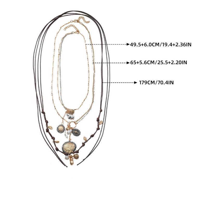 

Bohemian Style Multi-layer Rope Chains Metal Round Coin Badge Pendant Necklaces For Women Holiday Party Jewelry Neck Accessories