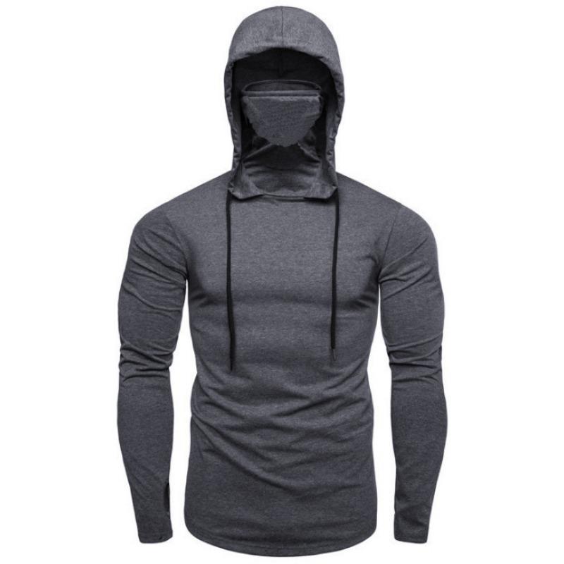 Men Hooded Long Sleeve Solid Color Casual Pullover With Mask M серый