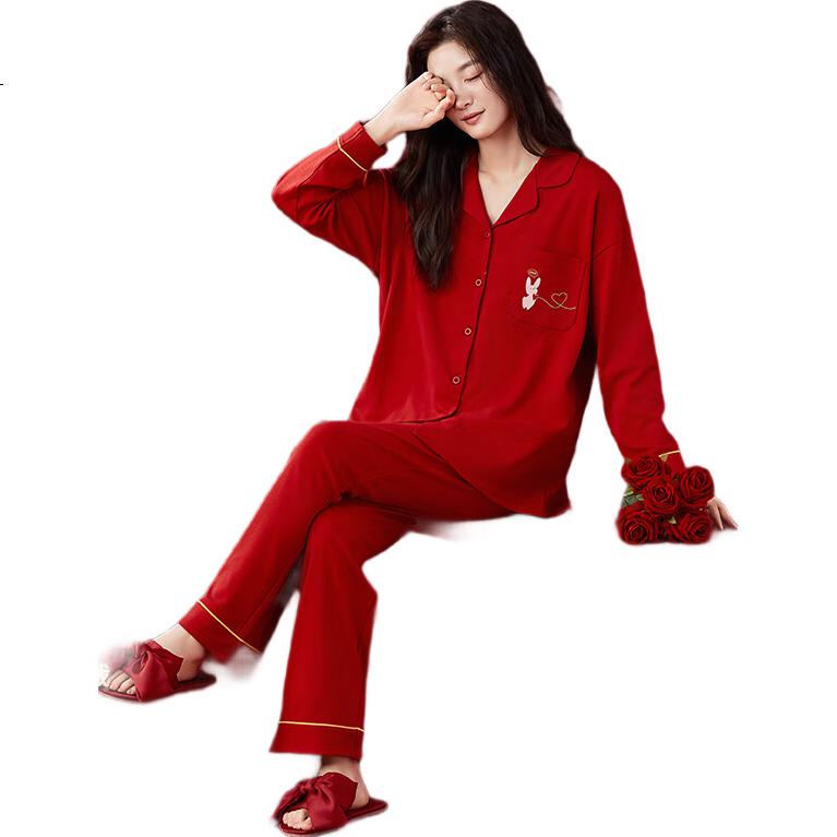 LANGSHA Red Couple Pajamas Cotton Antibacterial Homewear Set for Newlyweds Anniversary Year Ancola Red