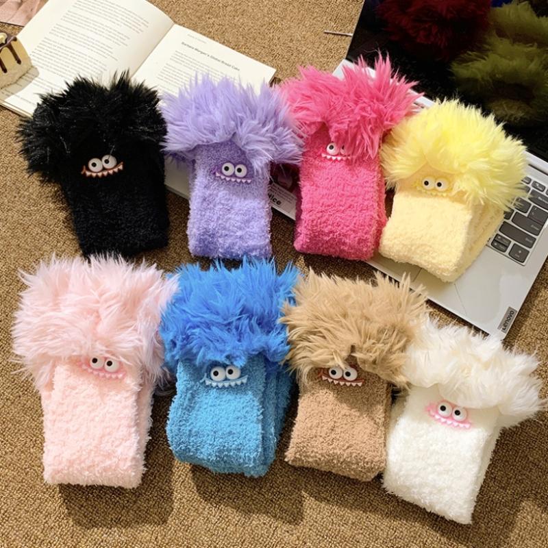 Crazy Big Mouth Monster Plush Socks Thickened Coral Fleece Cartoon Sleep Socks Winter Warm Soft Home Socks For Women Girls