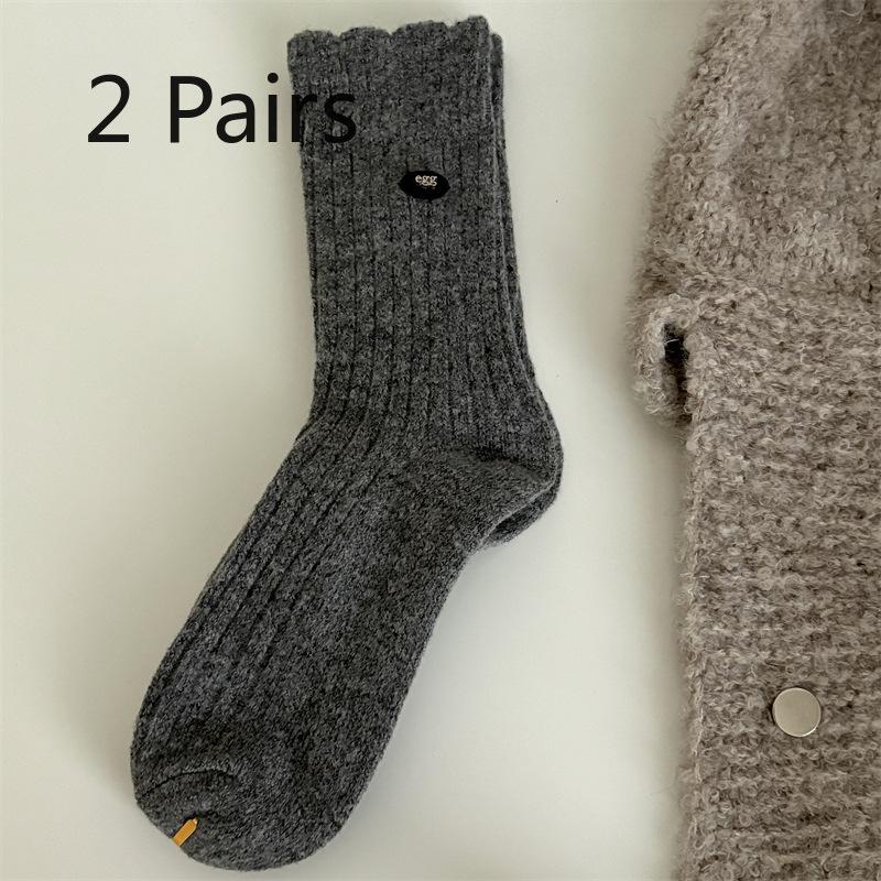 2 Pairs of Velvet Multicolored Button Wool Socks, Mid-calf Socks, Solid Color Thickened Warm and Versatile Pile Socks
