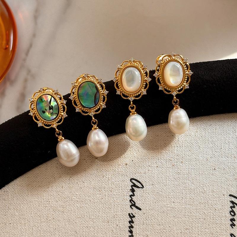 Medieval vintage silver needle earrings real gold electroplated round flower glass pearl stud earrings premium feeling earrings