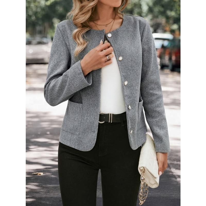 Women's Casual Black Jacket - Relaxed Fit Round Neck Solid Color Outerwear, Machine Washable & Dry Cleanable,