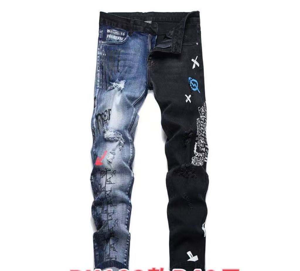 European and American trendy men s hip-hop street style embroidery before and after heavy industry embroidery elastic slim straight denim men strendy 28