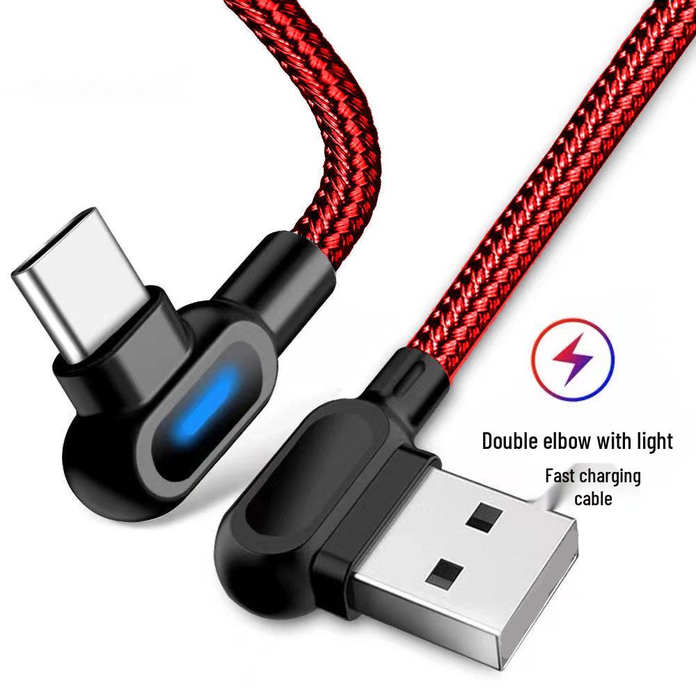 Dual Elbow Nylon Braided Fast Charging Cable for Apple, Android, Type-C with LED Light