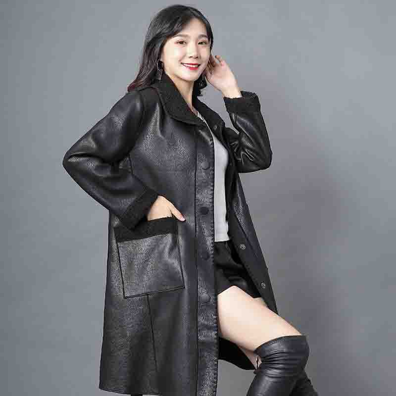 Medium and Long Teddy Fleece Trench Coat Women's New Leather Jacket Women's Fashion Casual Large Size