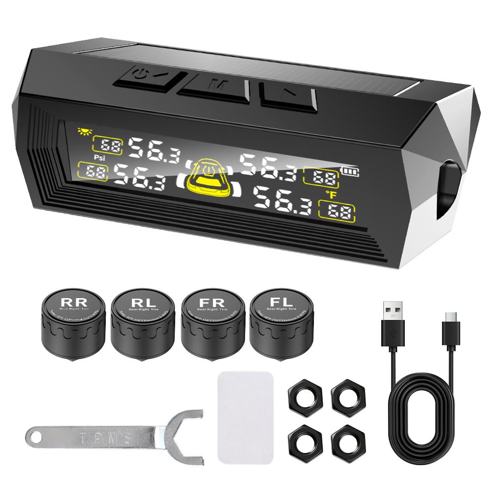 

Universal 4 Exteral Sensors Digital LCD Display Tyre Temperature Monitor USB / Solar TPMS 0-6.8Bar T21 Black