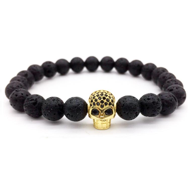 Bracciale con Perle di Roccia Lavica Geometrica con Teschio Micro-incastonato in Zirconi per Uomo Donna Regalo