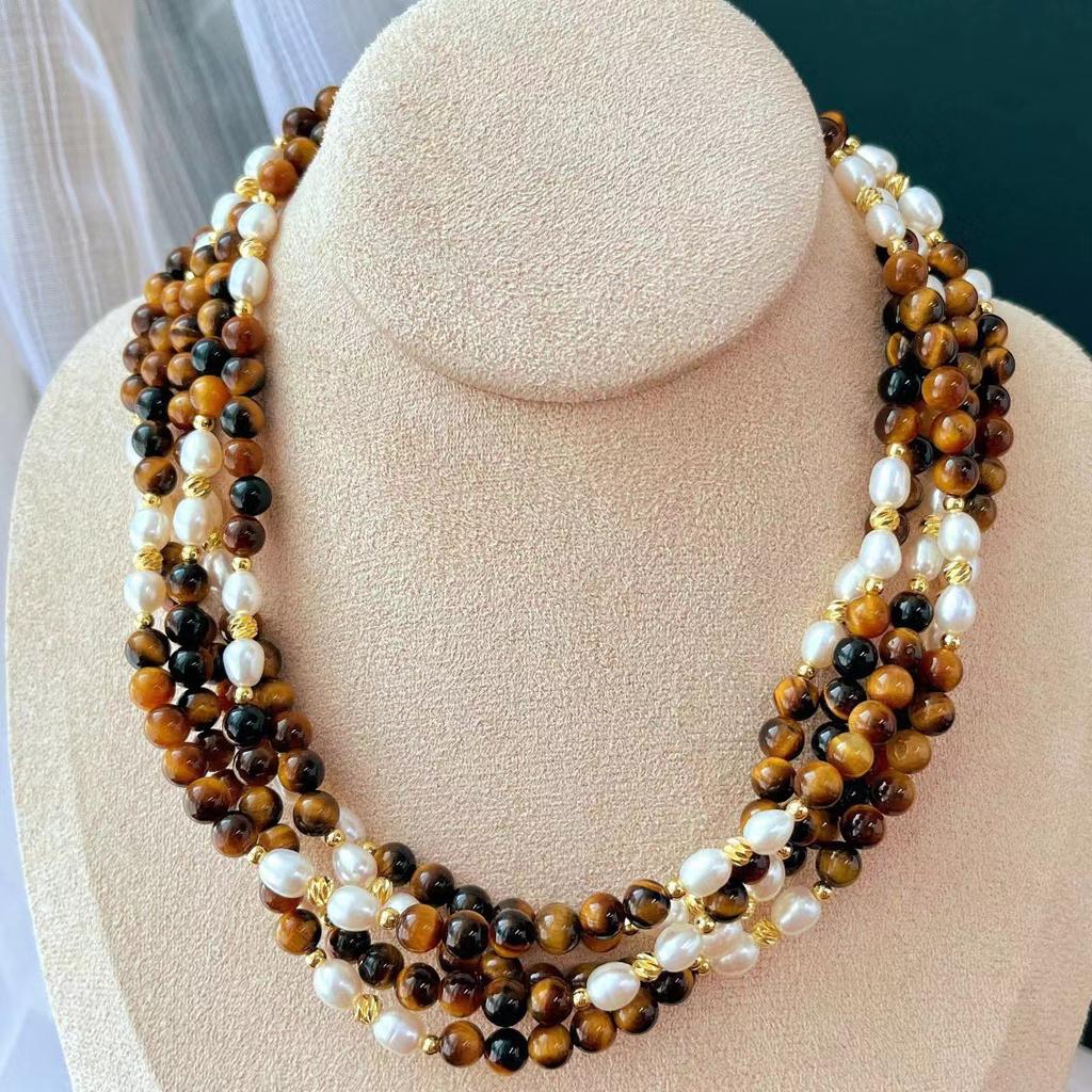 Vintage High Quality Natural Freshwater Pearl Natural Tiger'S Eye Stone Clavicle Chain Maillard Style Necklace