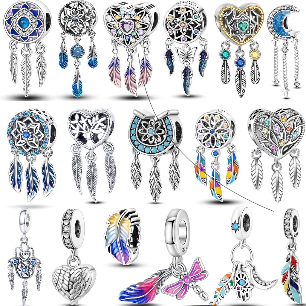 Kupfer Inlay Zirkon Feder Charm Perlen Charms Perle CZ Mond Traumfänger Anhänger Kompatibel mit Authentischen Pandora Armbändern Halsketten DIY