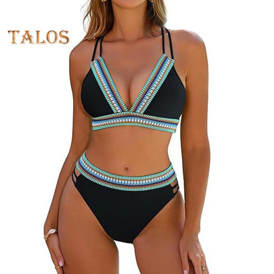 

Женский комплект бикини с высокой талией, цветной блок, двухсекционный купальник с V-образным вырезом и перекрещивающимися бретелями на спине, плавки, купальники для пляжа, отдыха, бассейна S чёрный