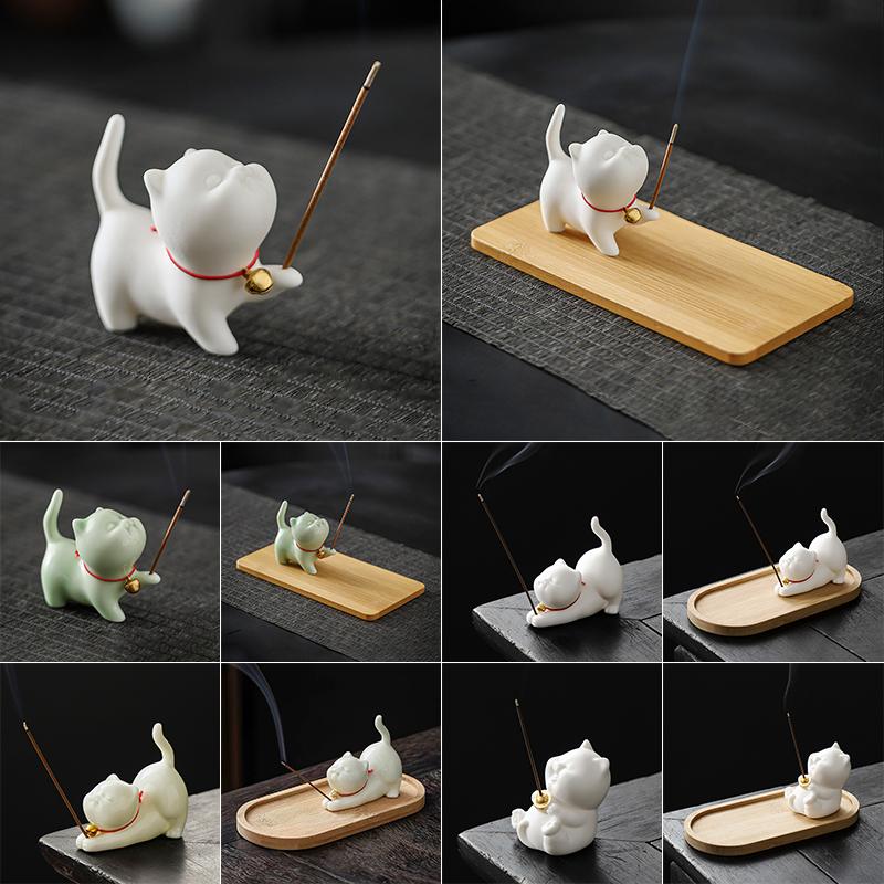 Cute Cat Incense Burner Stick Holder Mini Lovely Cat Incense Burner With Bamboo Mat Home Decor Tea Pet Tea Ceremony Accessories