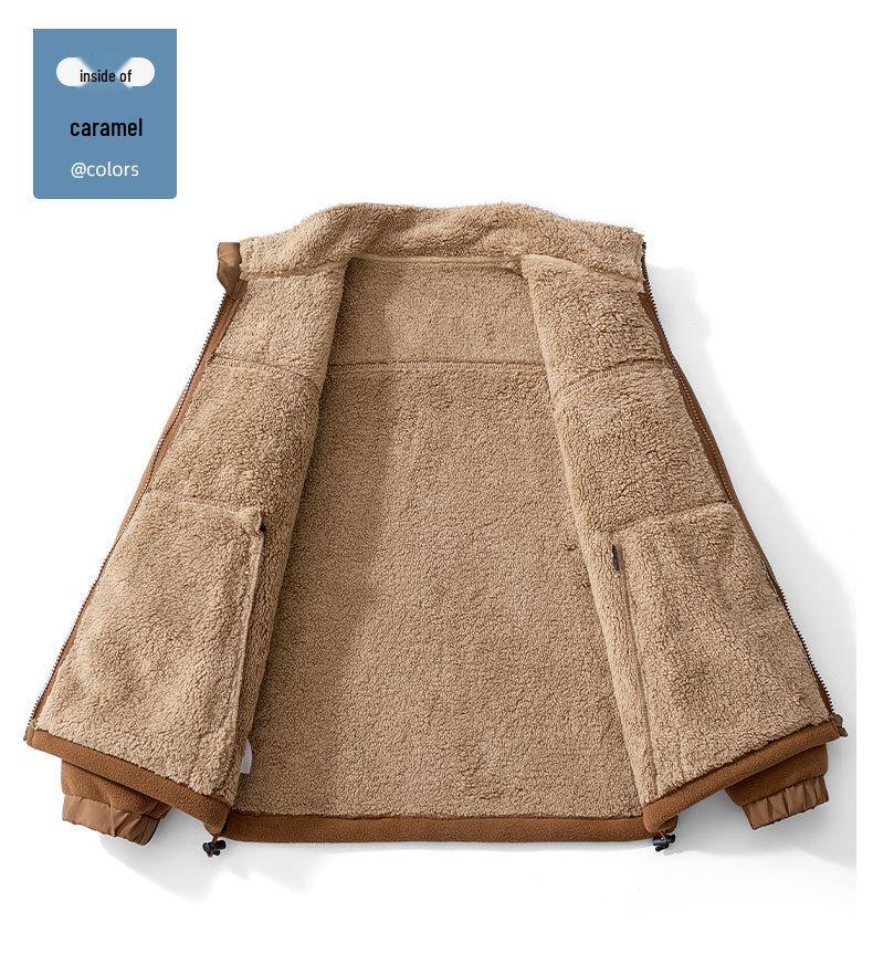 Men's Fleece-Lined Stand Collar Windbreaker - Warm Lambswool Inner Layer for Autumn and Winter