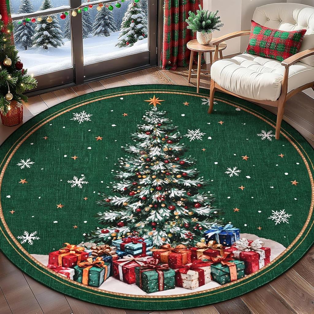 Christmas Round Rug Christmas Tree Washable Round Carpet for Living Room Non Slip Bedroom Mat Rugs for Holiday Decorations