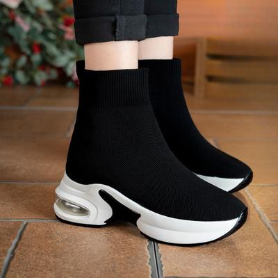 Casual High On Platform Shoes for Women Spring Autumn Ankle Boots Stylish Korean Designer Stretch Knitted Slip On Woman Footwear