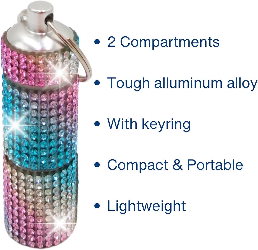 Rhinestones Keychain Pill Case Shiny Portable Pill Box 2 Compartments Easy To Take