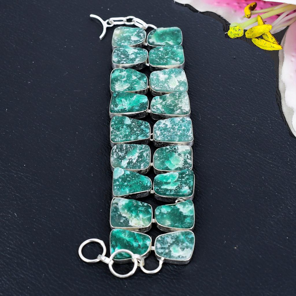 Green Hememorphite Druzy Gemstone 925 Sterling Silver Bracelet 7-8" KG-1818