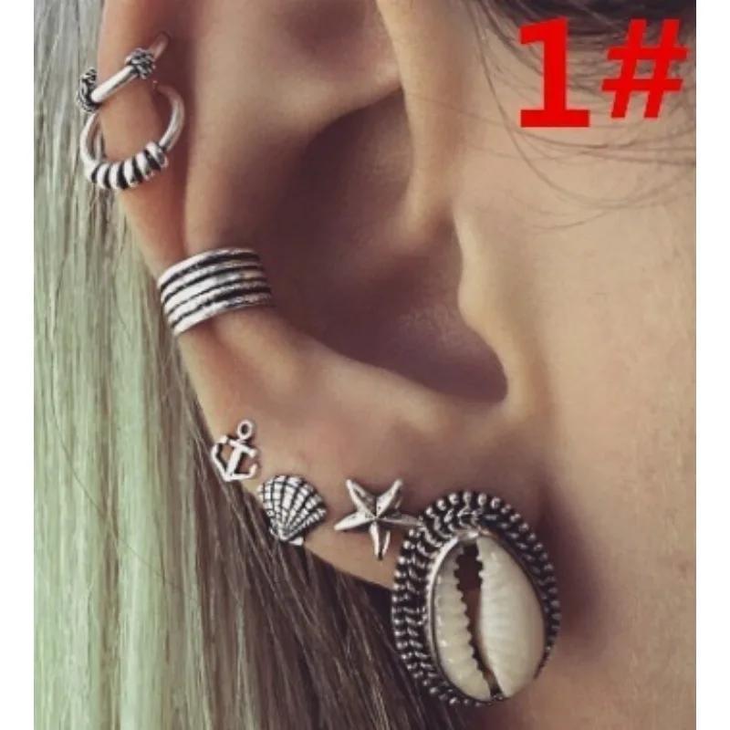 

7pcs/set Earing Turtle Anchor Shell Alloy Stud Earring Set Charm Geometric Starfish Owl Feather Fashion Indian Jewelry Earrings A