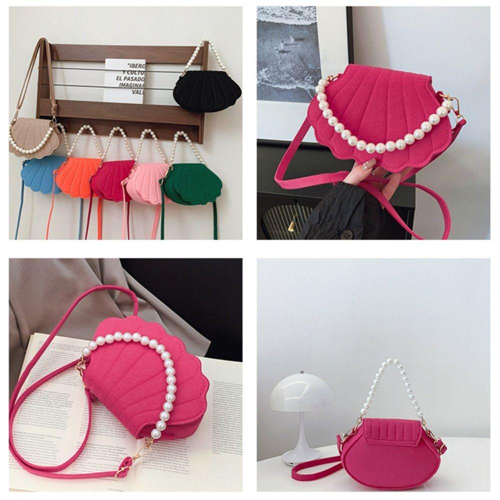 Chic Design Pearl Handheld Women's Bag Shell Shaped Solid Color Single-shoulder Bag Felt Shell Bag for Girls Students