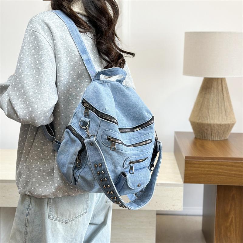 Schoolbag Retro Washed Denim Backpack Design Sense Rivet Single Shoulder Versatile College Student Schoolbag Class Commuter Backpack