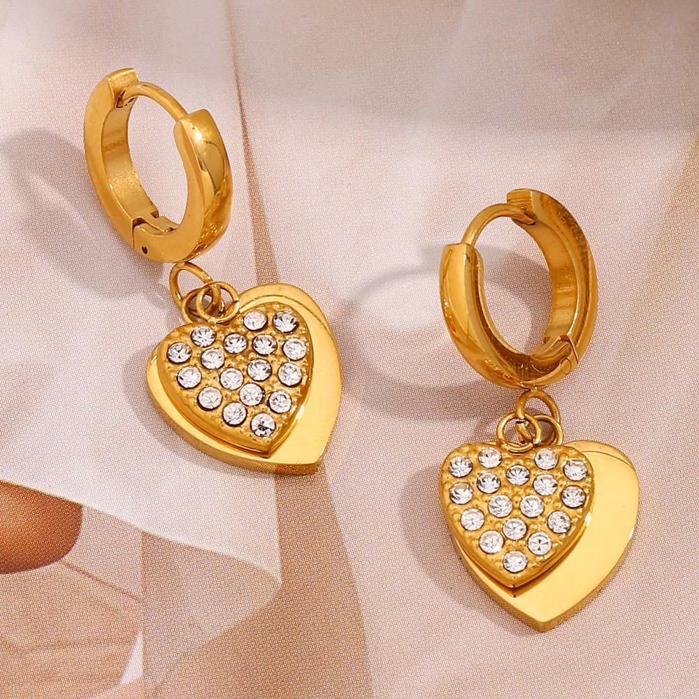 MamacitaSlay 18K Gold Plated Stainless Steel Zircon Double Heart Earrings Party Waterproof Jewelry Women's High Quality Gift