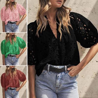 Women Casual Summer Tops V-neck Lantern Short Sleeve Hollow Flower Pattern Blouse Solid Color Pullover Tops Streetwear