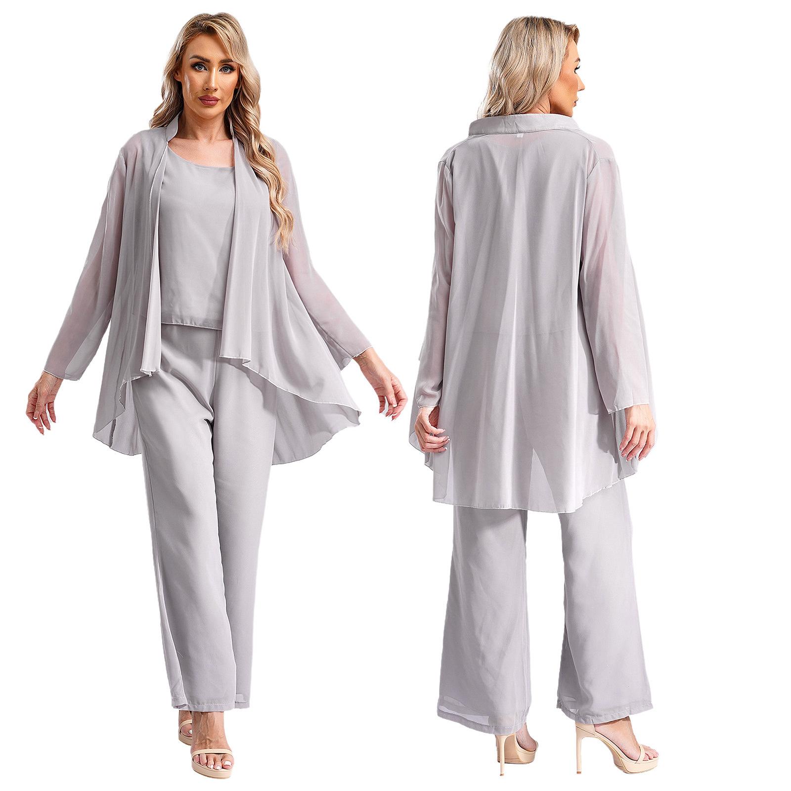 

Жіночий елегантний брючний костюм і піджак Весільні сукні Жіночі шифонові брючні костюми з 3 предметів Комплекти суконь нареченої Коктейльні вечірні офіційні вечірні сукні 3XL сірий колір