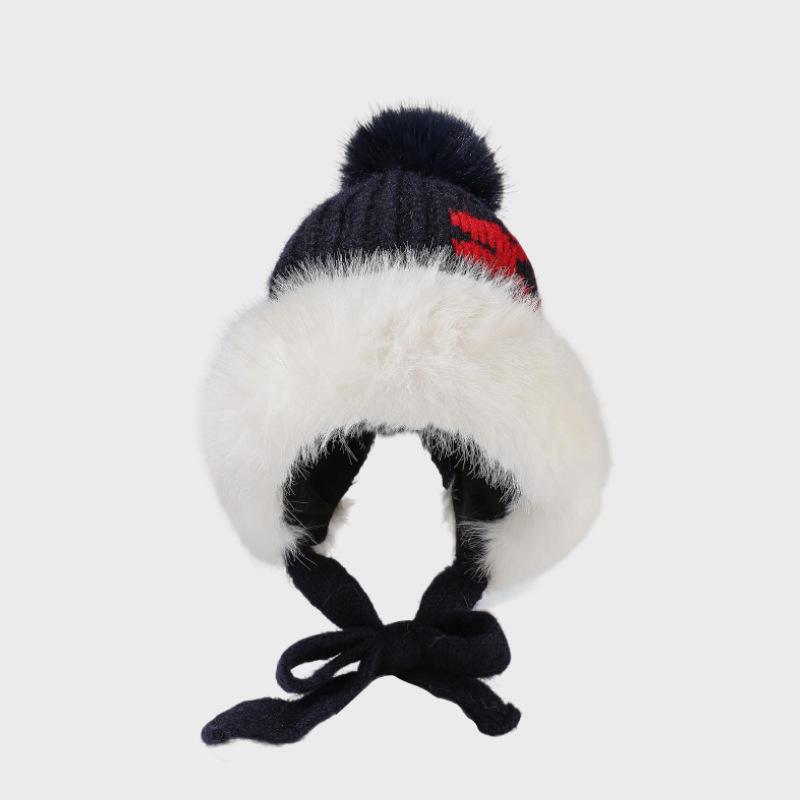 

Women s Winter Retro Big Wool Collar Wool Hat Thick Ear Protection Knitted Hat тёмно-синий