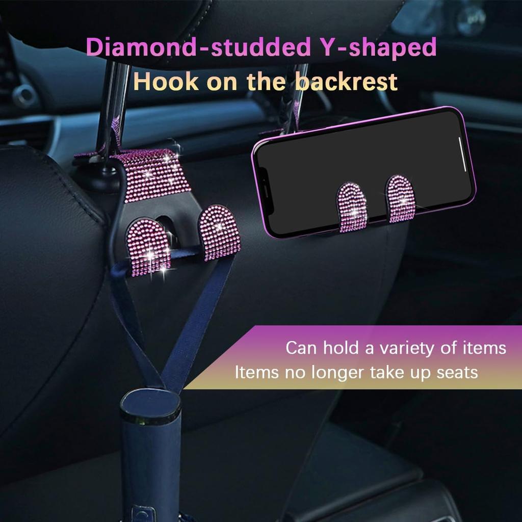 HZEL Bling Car Headrest Hooks, 2PCS Crystal Rhinestone 2 In 1 Vehicle Back Seat Purse Bag Hook for Woman Girl, Auto Interior Hanger Storage