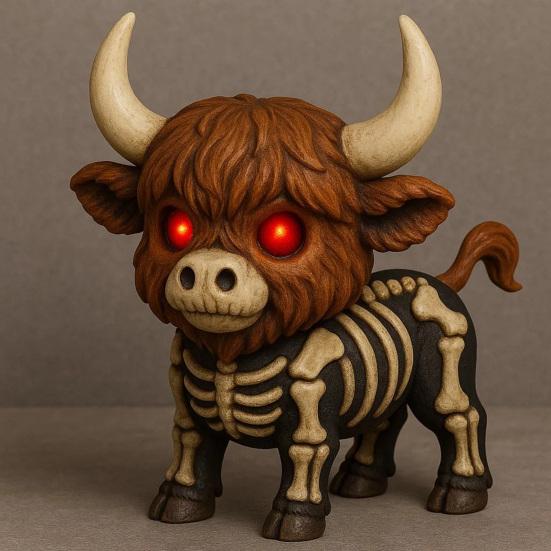 Halloween Skeleton Highland Cow Statue Spooky Red Eyes Highland Cattle Figurine Sculpture Home Office Desktop Decoration Ornament