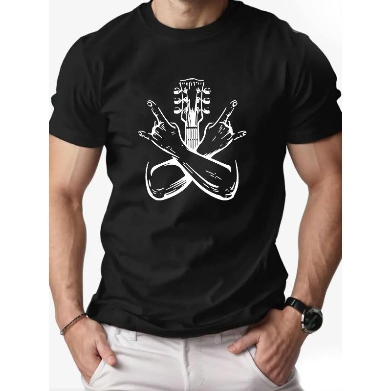 Men's Rock Hand & Guitar Graphic Cotton T-Shirt - Lightweight Summer Casual Short Sleeve Round Neck Tee for Music Lovers, Band T Shirts
